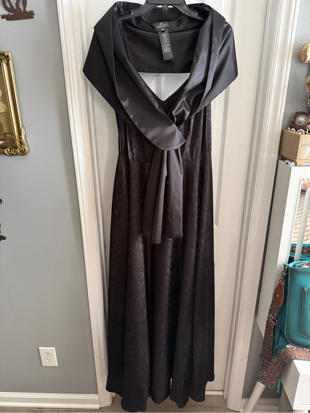 Adrianna Papell Black Jacquard Maxi Dress with Satin Shawl